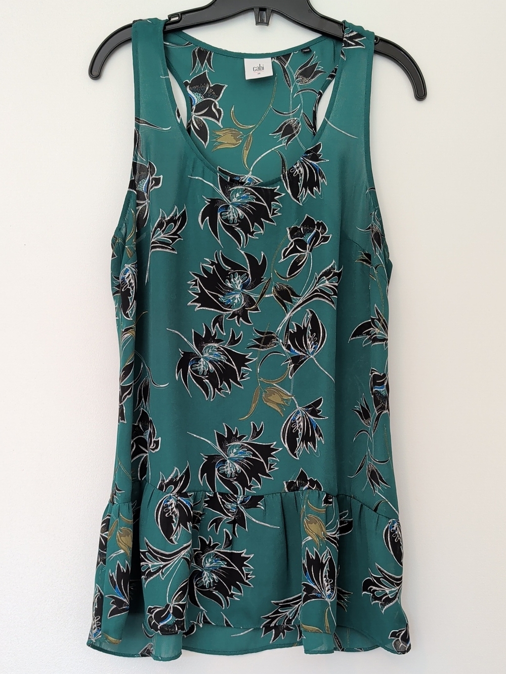 CAbi Teal Floral Sleeveless Peplum Tank